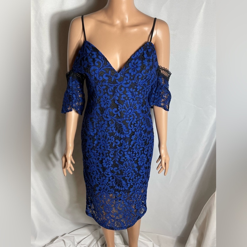 Bardot Blue Black Lace Cold Shoulder Bodycon Dress Women’s Size 10 L EUR 42